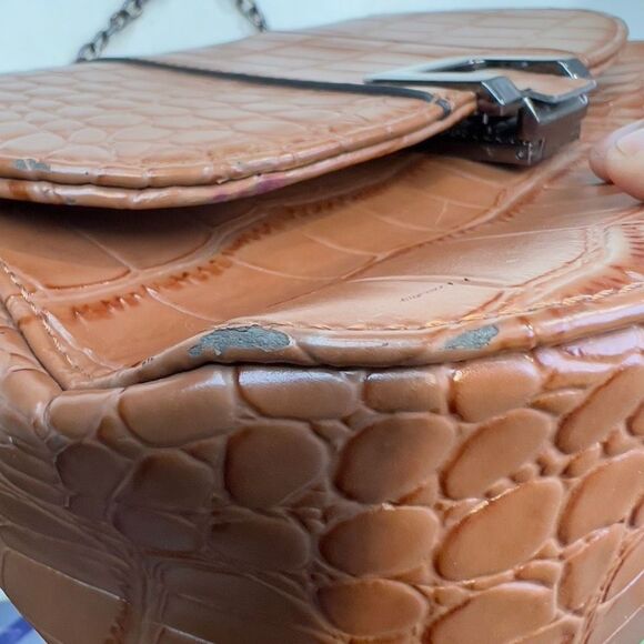 Code Sling Bag Women's Faux Animal Leather Metal Snap Brown Medium Shoulder Bag - Picture 12 of 13